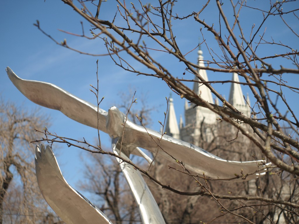 Public art at Salt Lake's City Creek with a view of the LDS temple in the background. Photo by Portia Snow.