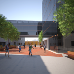 Rendering, by the Art & Craft Production group at the Urban Design Studio at the University of Utah, of a strategic design plan (courtyard of an art institute).