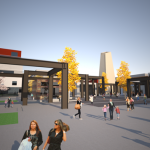 Rendering by the Art & Craft Production group at the Urban Design Studio at the University of Utah of a strategic design plan (central plaza).
