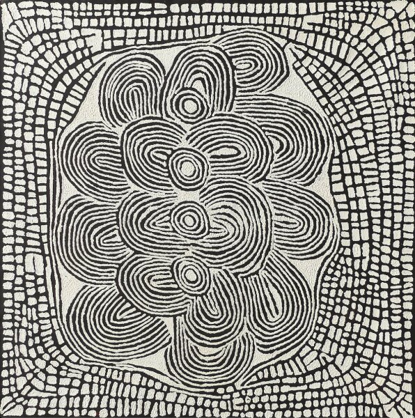Black and white Aboriginal painting with concentric oval shapes surrounded by rectangular and dot patterns.