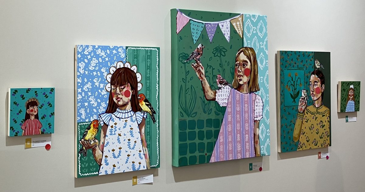 A row of colorful paintings of young figures with rosy cheeks and patterned backgrounds, several holding or surrounded by birds; playful and stylized portraits.