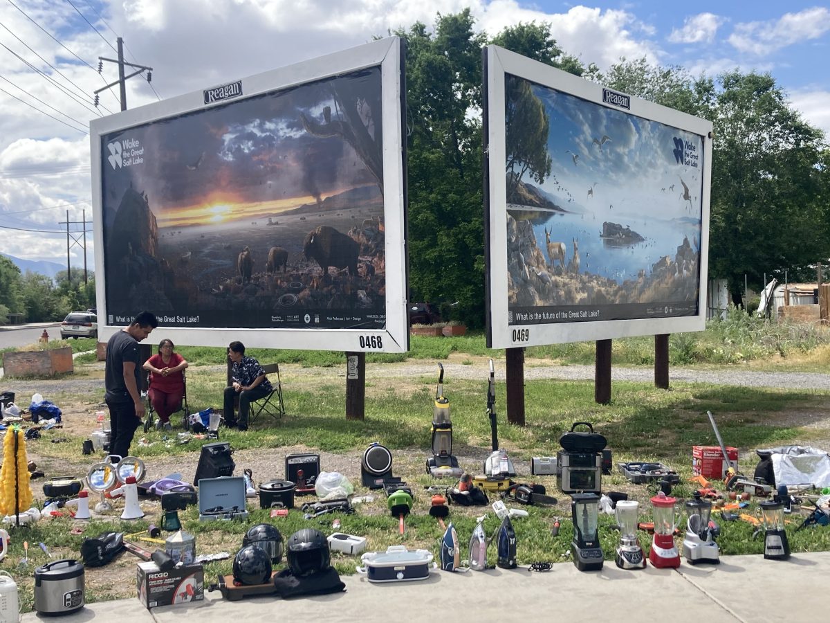 ick Pedersen’s dual billboards in Salt Lake City depicting apocalyptic and hopeful futures for the Great Salt Lake, with a sidewalk market of household goods in the foreground.
