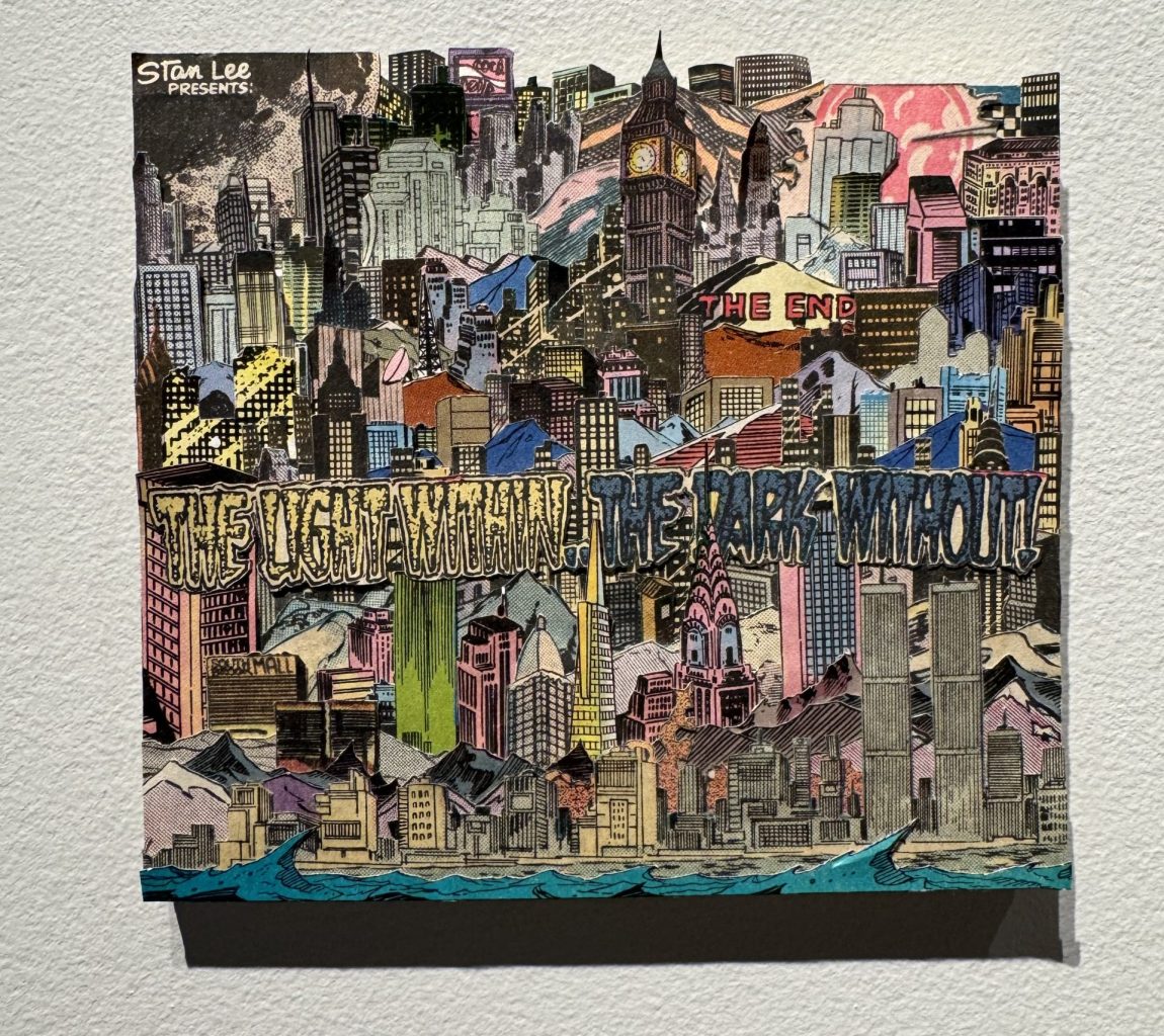 Collage of a dense urban skyline assembled from comic book illustrations, overlaid with the text “The Light Within. The Dark Without.”