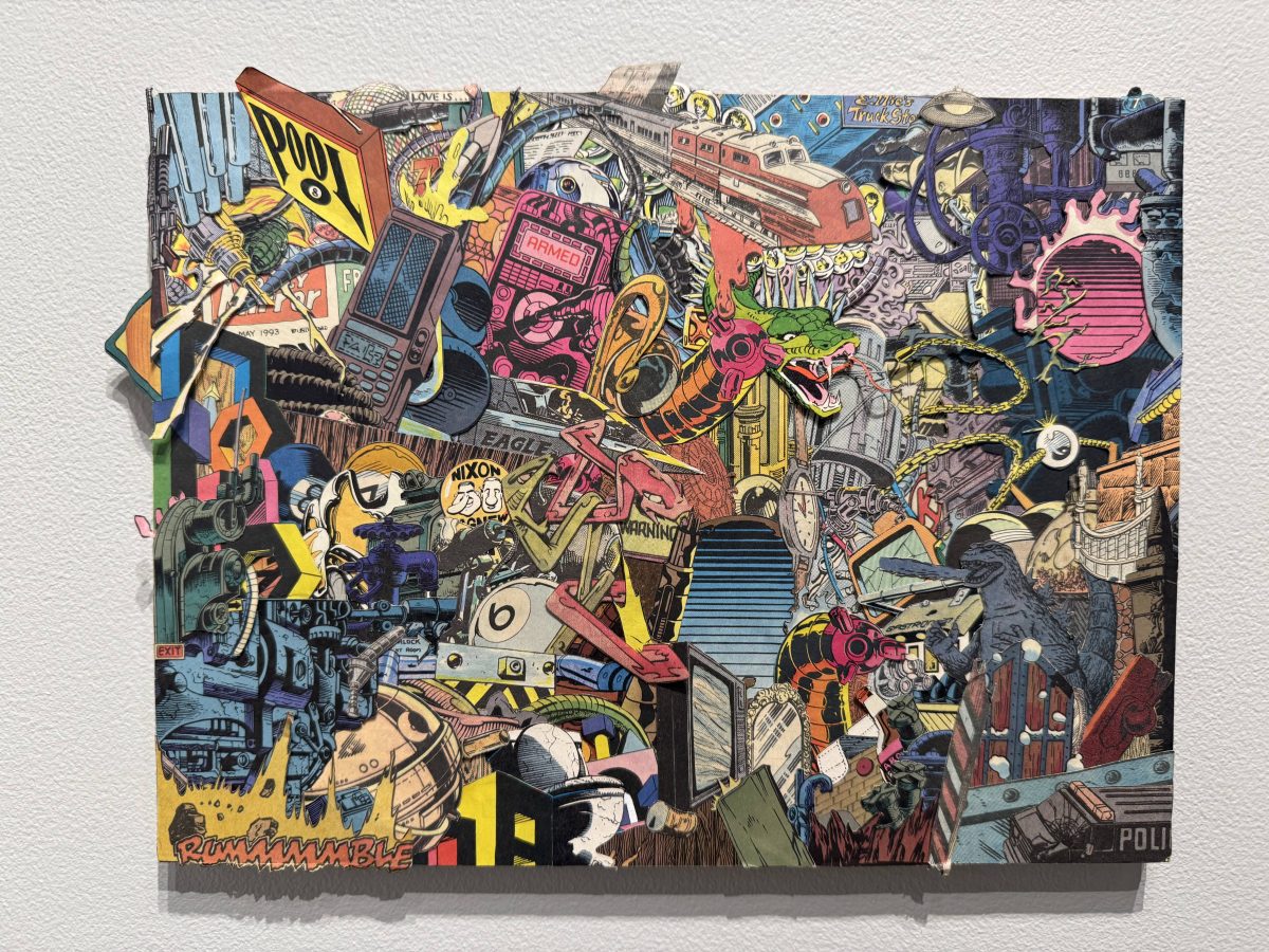 Colorful collage composed of layered comic book fragments, including text, machines, vehicles, and surreal creatures.