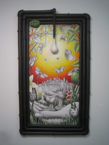 A tall rectangular ceramic relief framed with black pipe-like elements, depicting hands holding baby birds, butterflies, and a cityscape under a bright gradient sky.