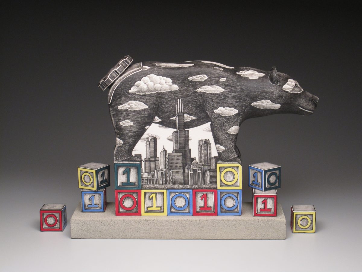 A porcelain sculpture of a bear decorated with clouds and a cityscape motif, standing on red, yellow, and blue toy blocks marked with binary numbers 0 and 1.