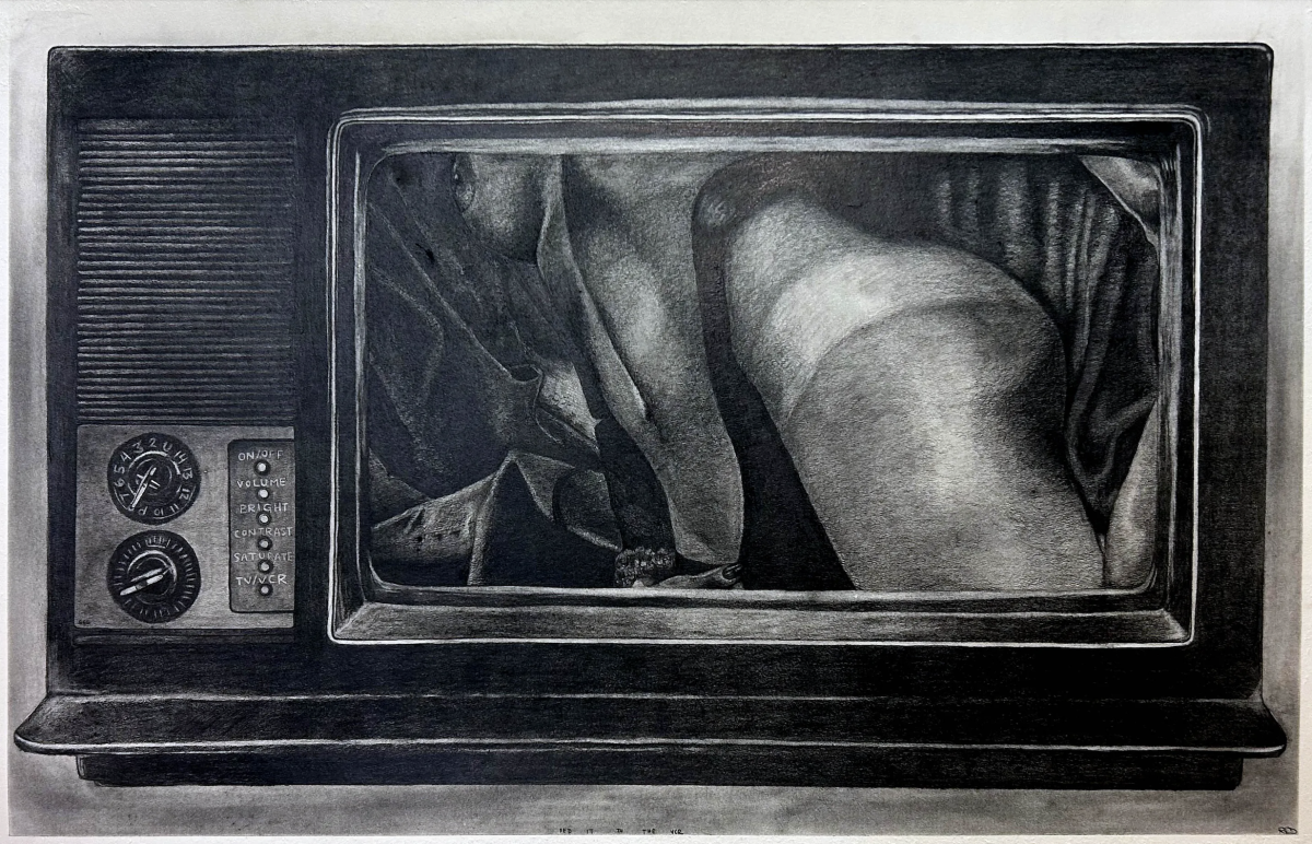 A detailed graphite drawing of an old television set displaying a tightly cropped, contorted female torso, combining hyperreal rendering with unsettling framing.