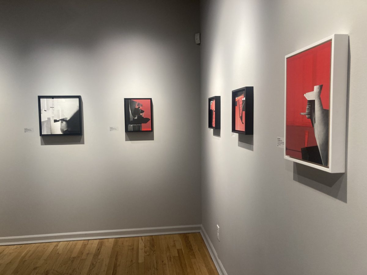 Installation view of Dan Evans’ Peripheral Dependencies at Finch Lane Gallery, showing a row of photomontages in black, white, and red tones hung along two intersecting walls.