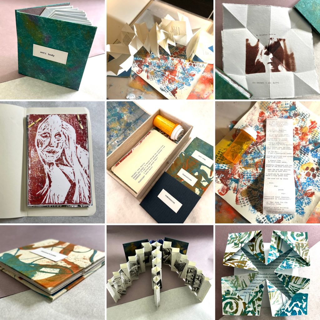 A grid of nine photographs showing handmade artist books and book objects in various states: folded star forms, accordion structures, small bound volumes, printed portraits, boxed sets containing text and objects, and painted papers layered with printed poems.