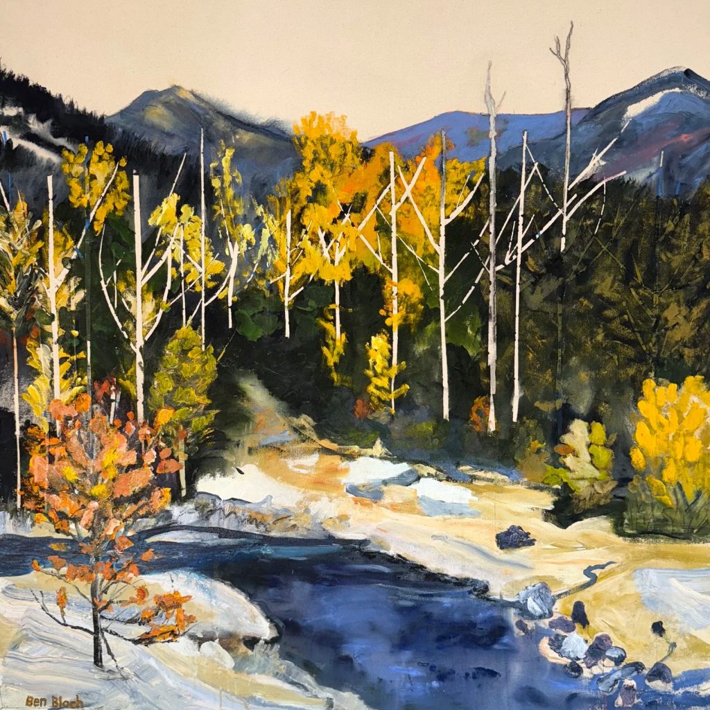 Painted autumn landscape showing a winding river in the foreground, white-trunked aspens with yellow foliage, and dark mountains in the background, with no visible sky.