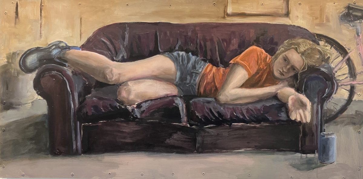 Painting of a person lying sideways on a dark upholstered couch, wearing an orange shirt and denim shorts, their body stretched across the cushions in a quiet interior.