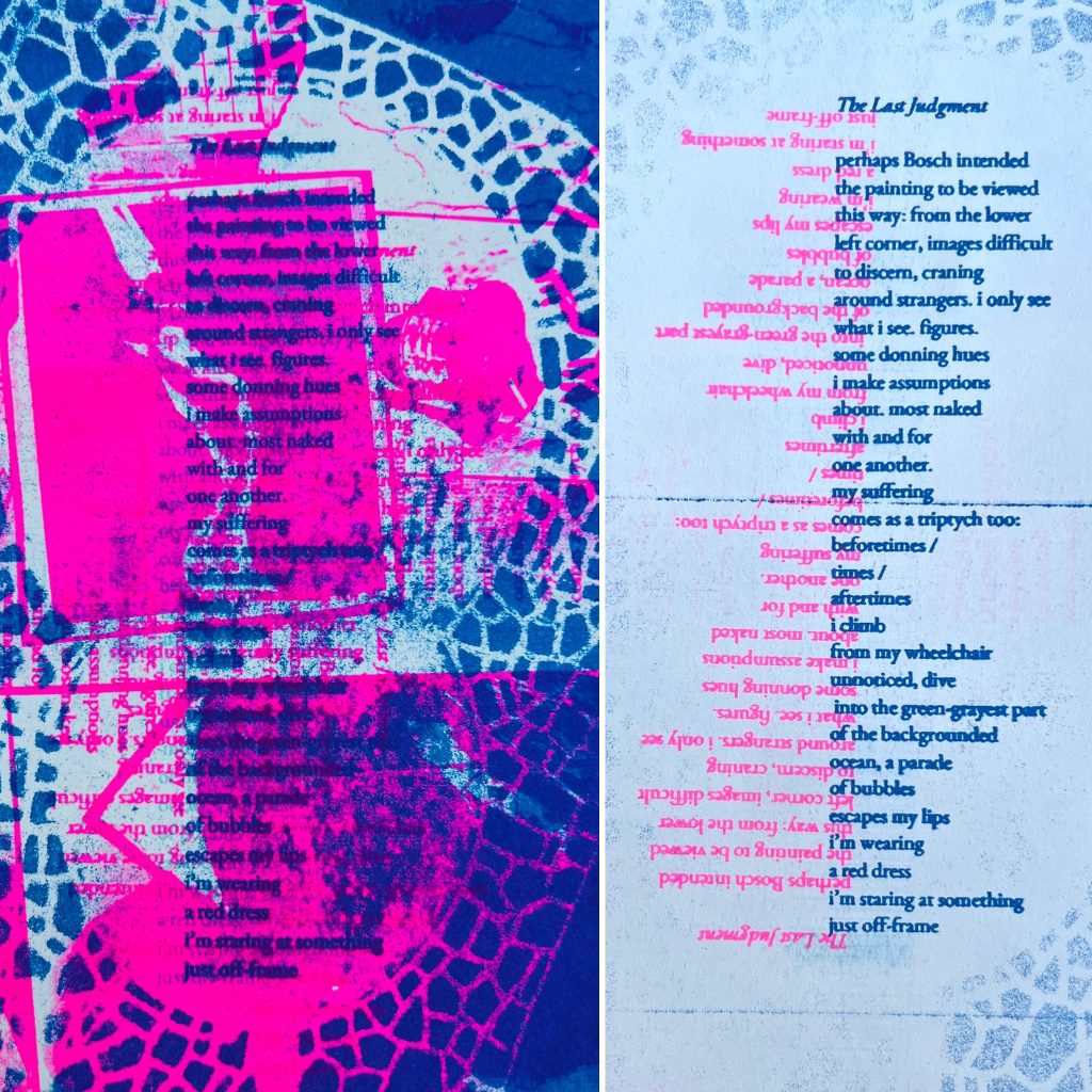 A layered print in bright magenta and deep blue showing overprinted text and abstract textures, with portions of the poem partially obscured, inverted, and fragmented by dense patterning.