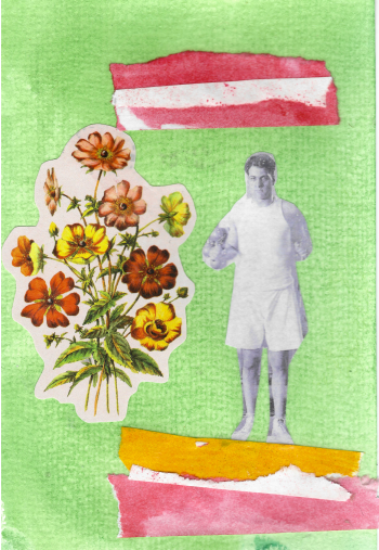 Mixed-media collage on a green background featuring a vintage floral illustration, a grayscale cutout of a standing figure in athletic clothing, and layered strips of red, white, and yellow paper.