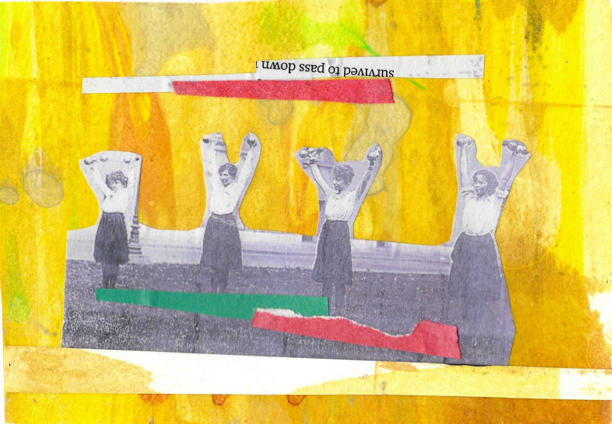 Mixed-media collage on a yellow background showing repeated grayscale figures with raised arms arranged in a row, layered with torn strips of red, green, and white paper and textured paint washes.