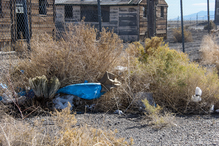 Trash and sagebrush along the fence line of CLUI: Wendover. Photo by Laura Allred Hurtado.