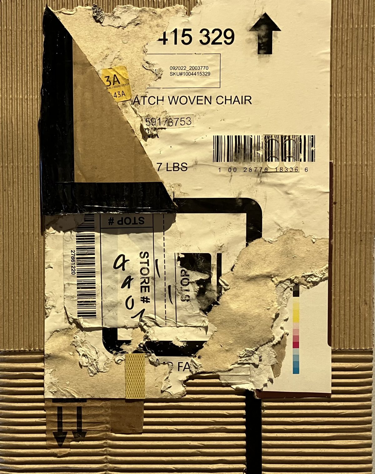 Mixed media collage on cardboard with various shipping labels, barcodes, and torn elements, part of Marissa Albrecht's 'Re-Route' series."
