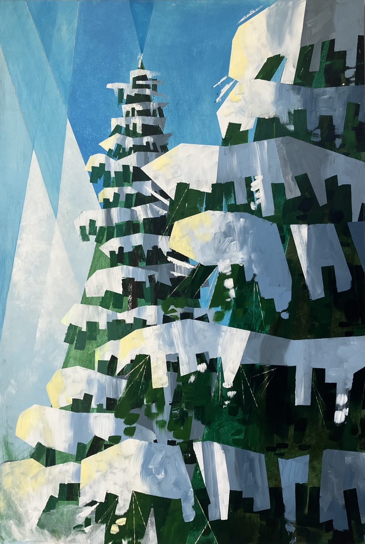 A painting of snow-covered pine trees, depicted with sharp, angular shapes. The trees are set against a bright blue sky with geometric light beams, giving a stylized, fragmented appearance to the snowy landscape.