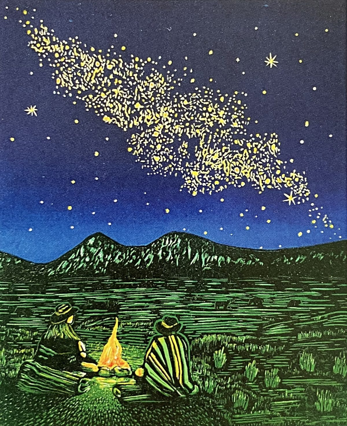 Holly Hooper’s painting 'Gettin’ Lost in the Milky Way at Night' features two figures sitting around a campfire under a night sky filled with stars. The Milky Way is depicted in a stylized, dotted form above distant mountain ranges, evoking a sense of peaceful, reflective isolation.