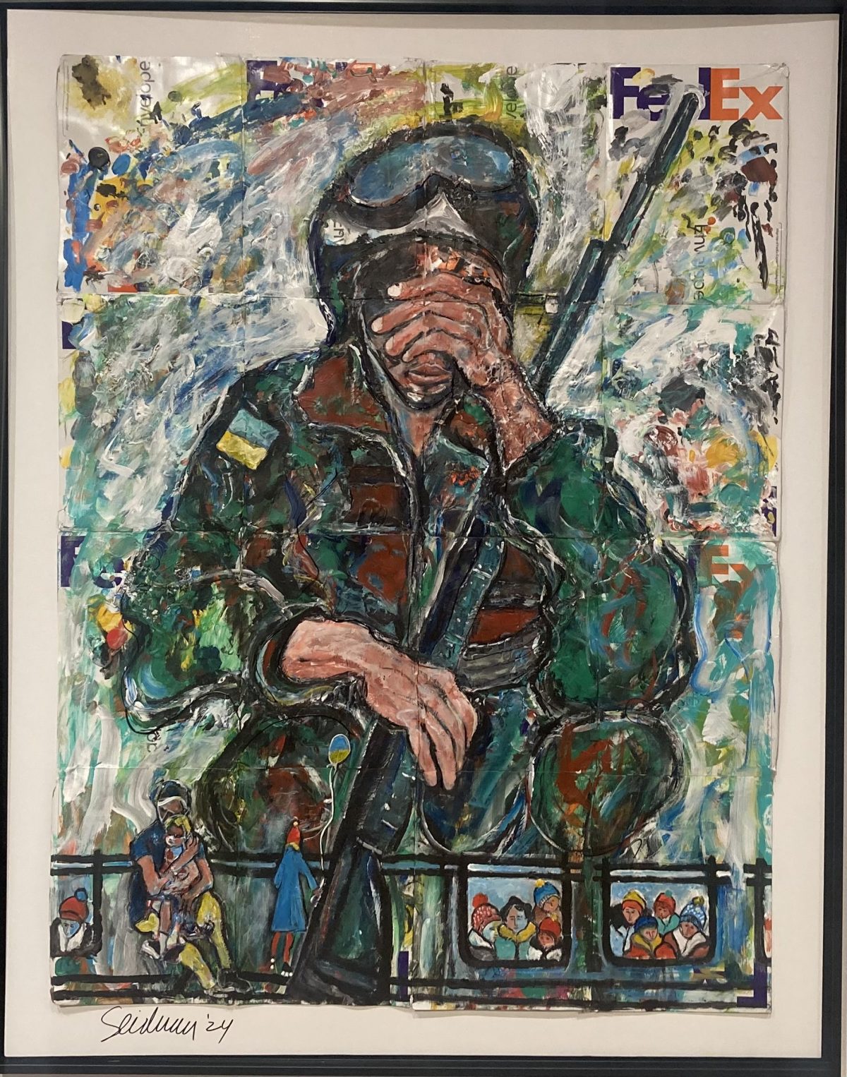 Vivid painting of a soldier crouched with their hand covering their face, set against a colorful background with a FedEx logo incorporated. At the bottom, a small scene shows people, including a mother with a child, watching below.