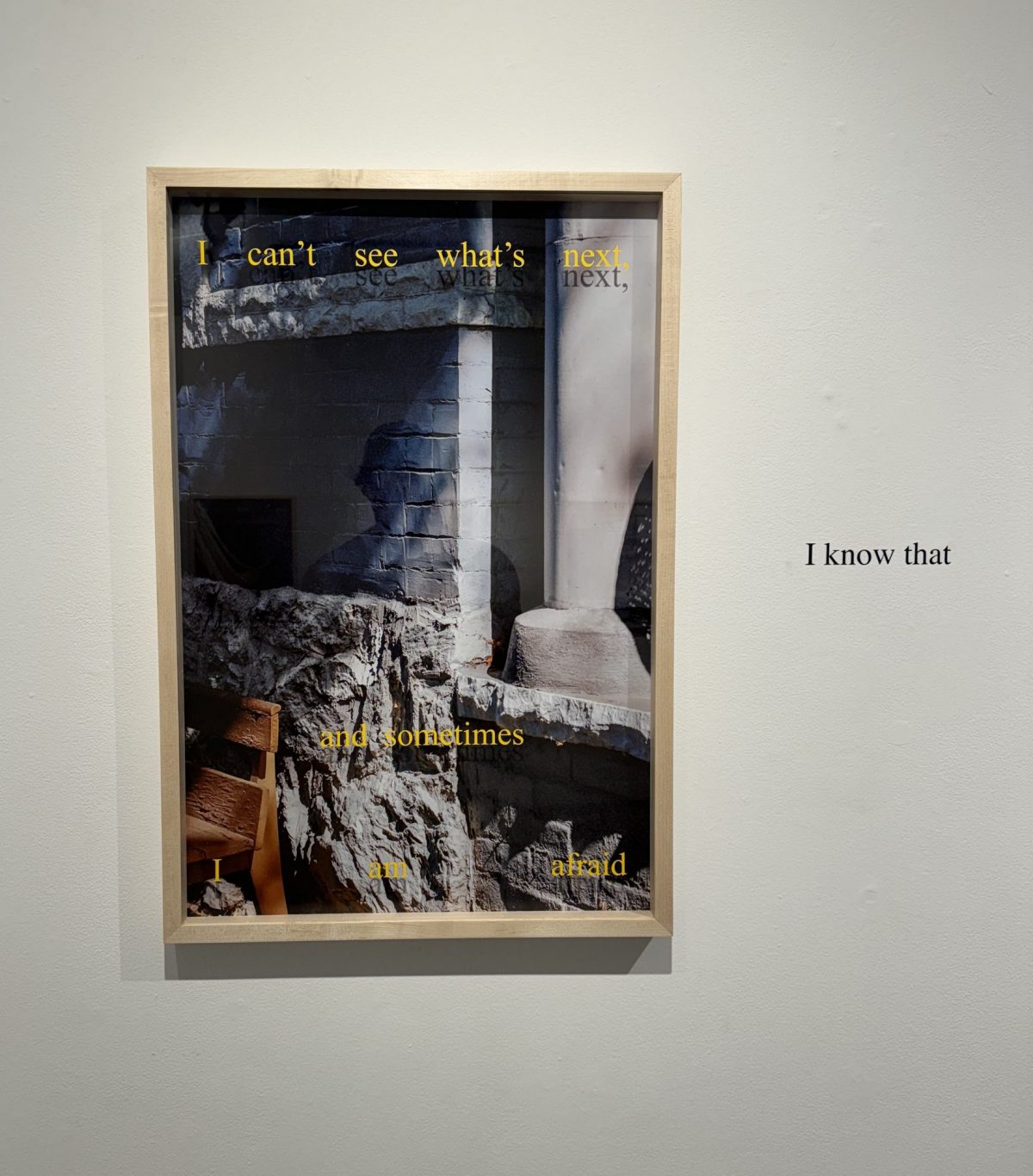 Photograph of an architectural space, possibly a ruin or abandoned building, with text overlay that reads 'I can’t see what’s next, and sometimes I am afraid.'