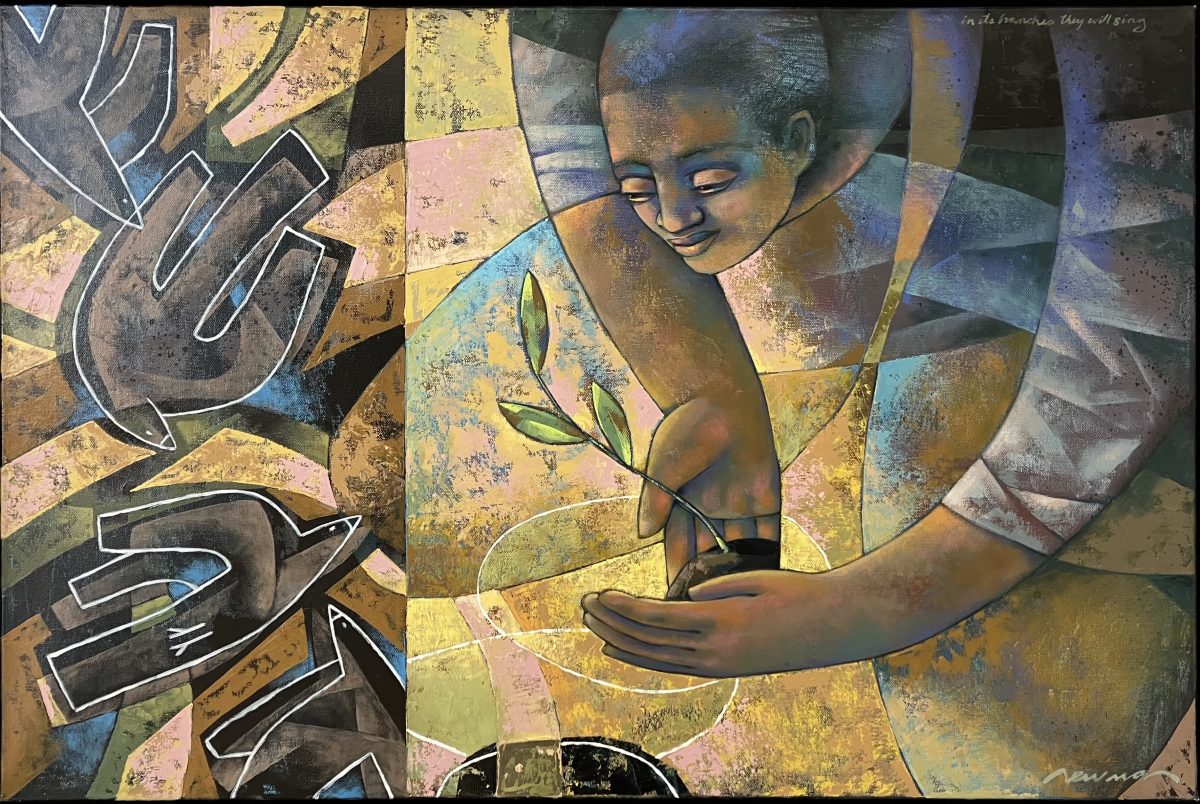 A warm-toned painting featuring a figure nurturing a small plant. The scene incorporates abstract shapes and dark, bird-like silhouettes to the left. The figure, with a gentle expression, holds the plant carefully, symbolizing growth and care.