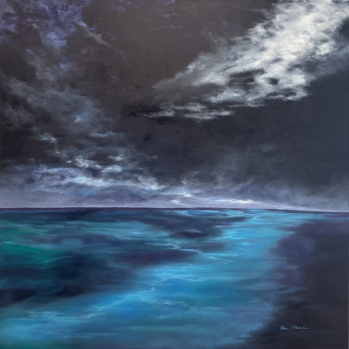 A vivid seascape painting with turquoise and deep blue water beneath an ominous sky filled with swirling, dark clouds, capturing the tension and beauty of nature's forces.