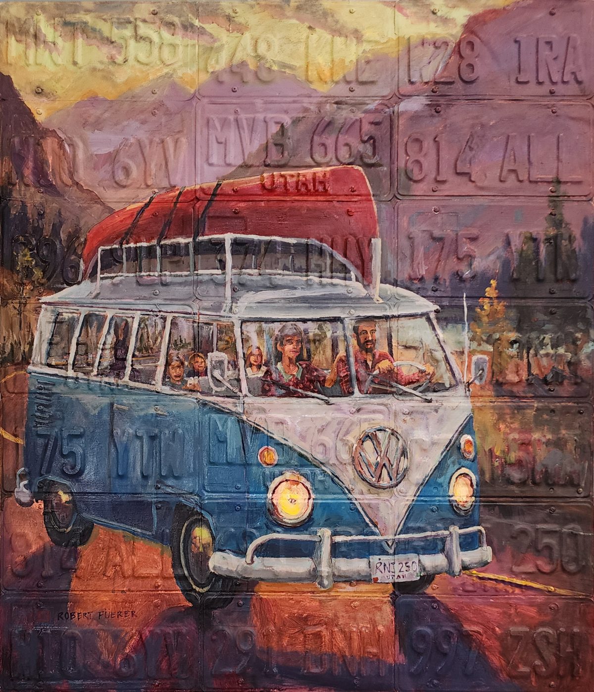 A vibrant painting of a classic Volkswagen bus filled with passengers, driving through a scenic mountain road, overlaid with textures of Utah license plates.