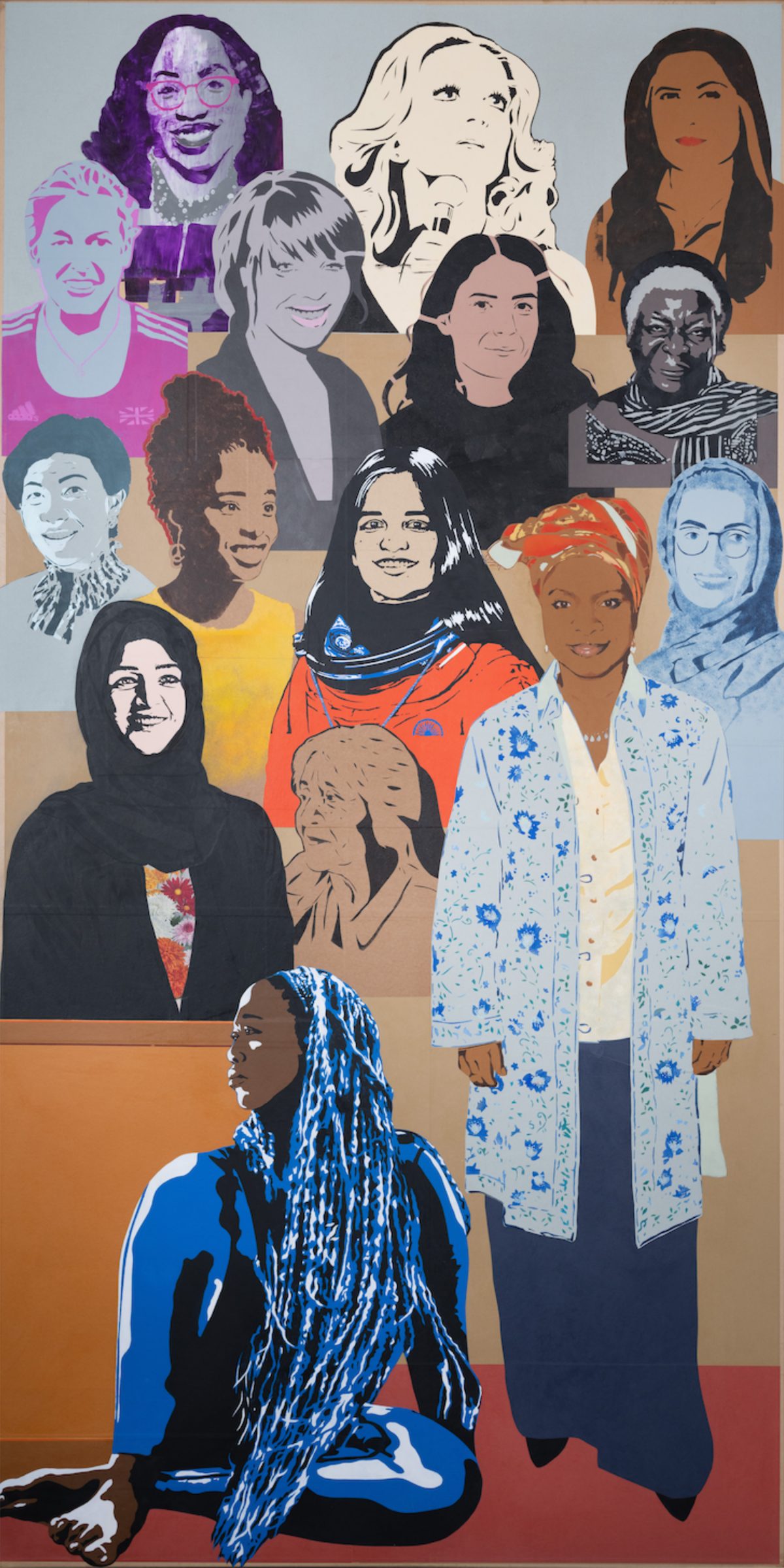 A mural panel showcasing an inspiring collection of women from various cultural and professional backgrounds, with a central figure draped in blue seated in the foreground.