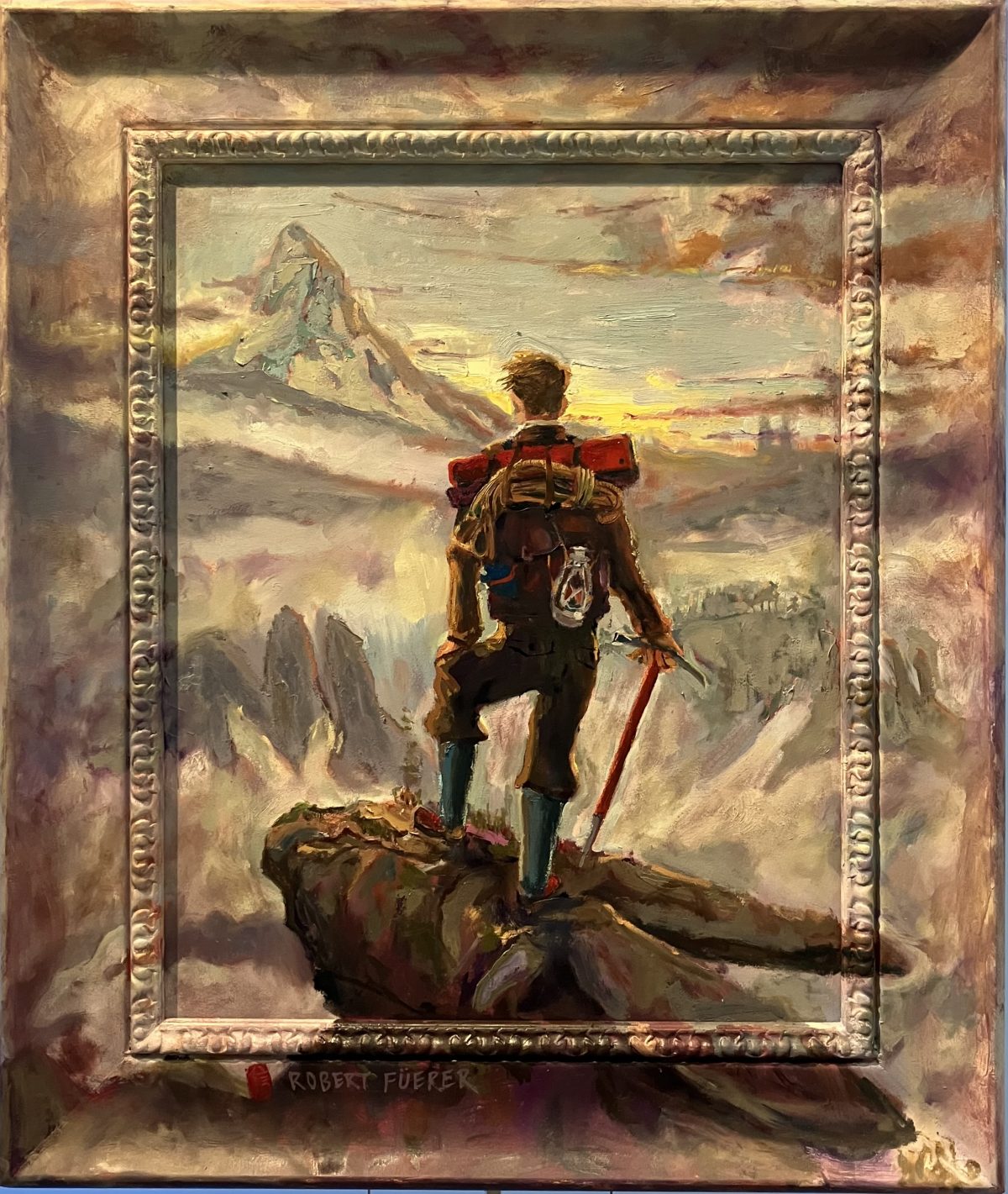A framed painting of a lone hiker standing on a cliff edge, gazing at a dramatic mountainous landscape under a moody sky, titled 'Journey Beyond Peaks,' by Robert Fuhrer.