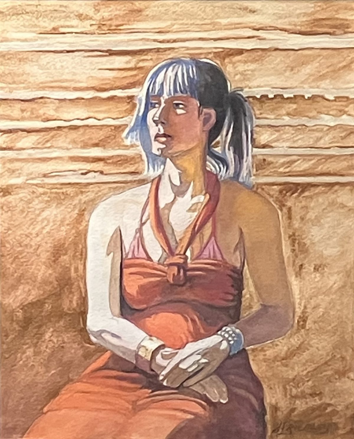 A watercolor painting of a woman with blue-tinted hair, wearing an orange dress and bracelets, seated against a textured, earth-toned backdrop.