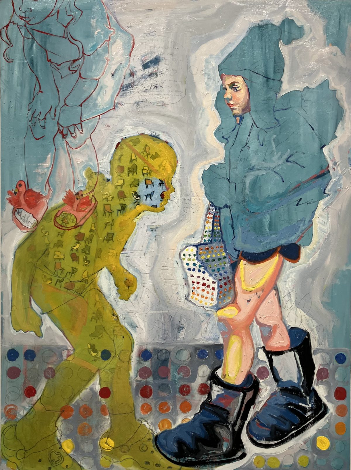 Surreal painting of a child in a puffy blue coat facing a translucent yellow figure adorned with small chair illustrations, with floating birds and figures emerging from the background.