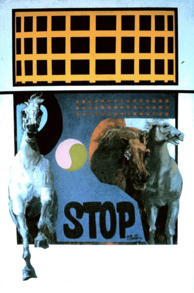A painting featuring two horses, one white and one brown, running in front of a bold graphic background. The word "STOP" appears below a grid-like yellow structure and two circular symbols, blending realism with symbolic imagery.