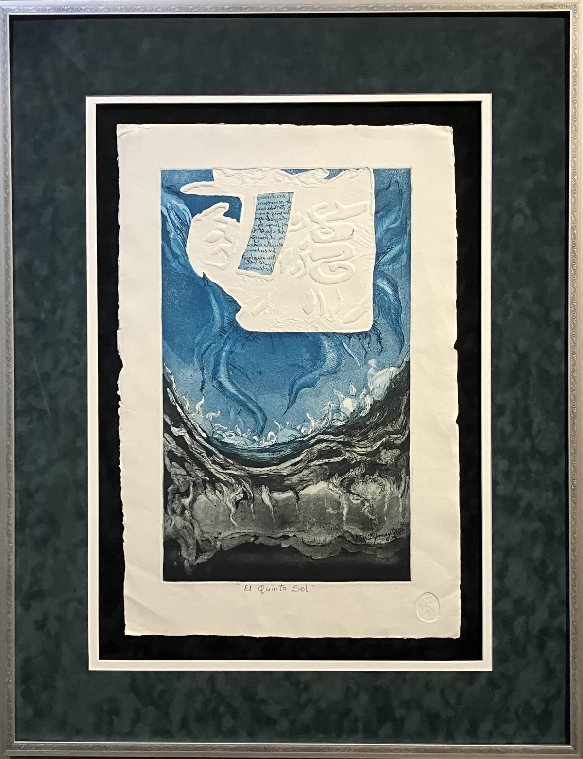 A mixed-media work featuring swirling blue textures beneath raised white script and symbols, titled "El Quinto Sol."