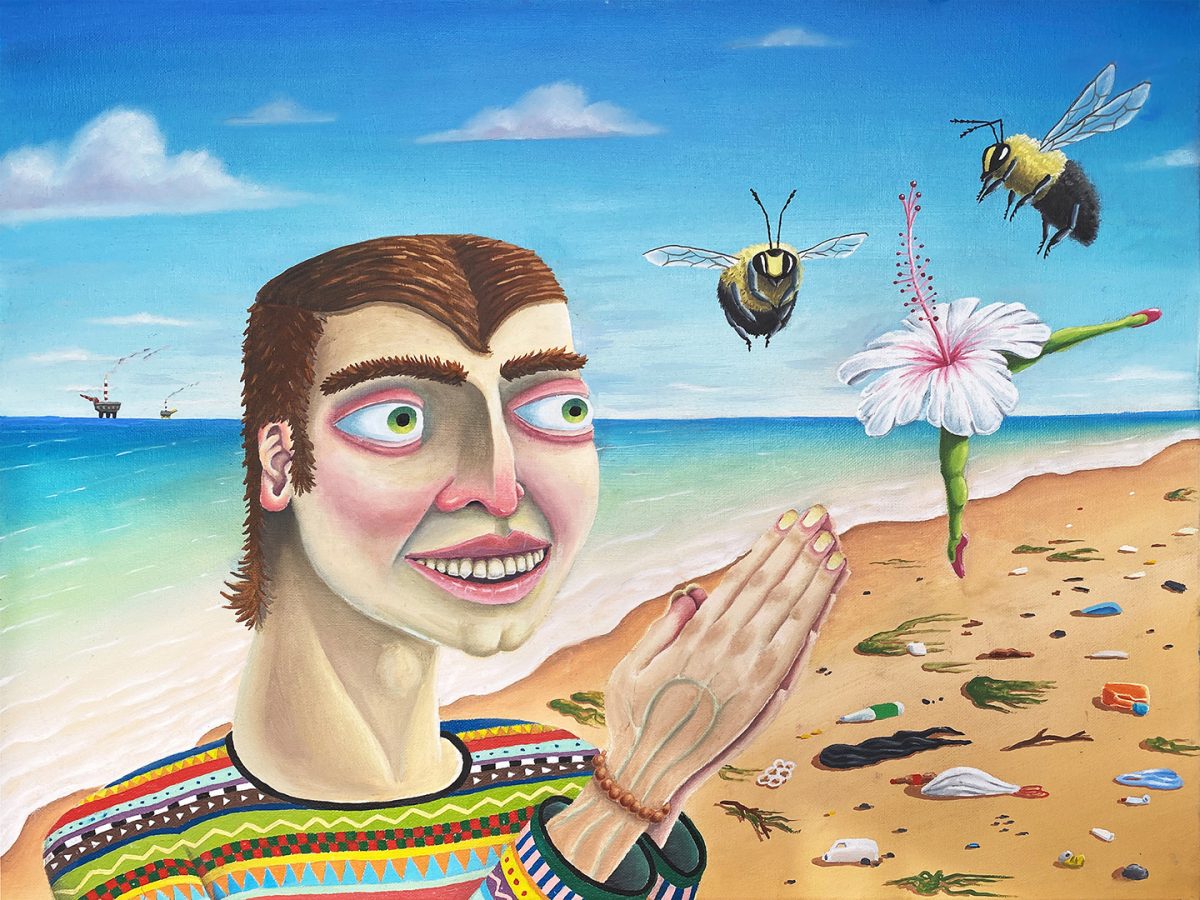 Playful self-portrait of Trevor Dahl on a beach, smiling at two large bees approaching a flower with a ballerina-like stem, surrounded by beach litter and offshore oil rigs in the distance.