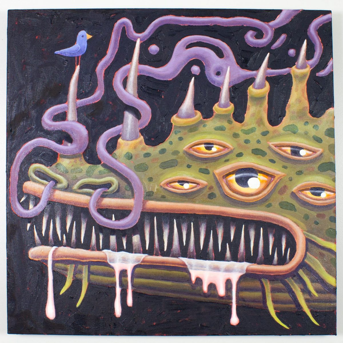 Close-up of a surreal green monster head with multiple orange eyes, sharp teeth, pink drool, and purple tentacles, accompanied by a small blue bird; by Trevor Dahl.