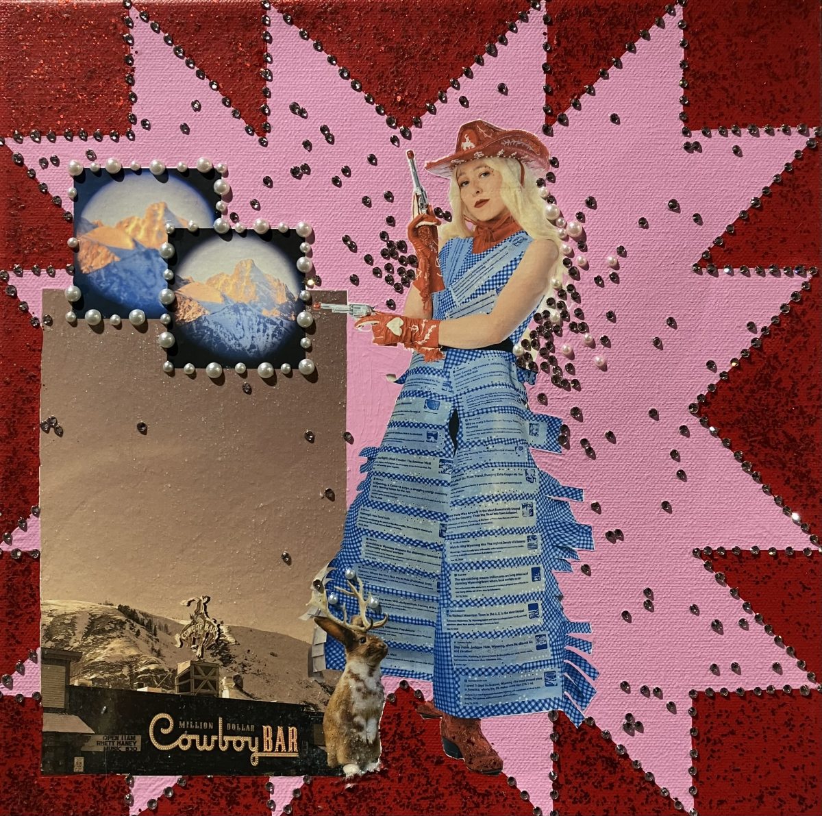 A glittery pink and red collage featuring a cowgirl in a blue outfit pointing toy guns at framed images of mountains, with text and pearl embellishments scattered throughout.
