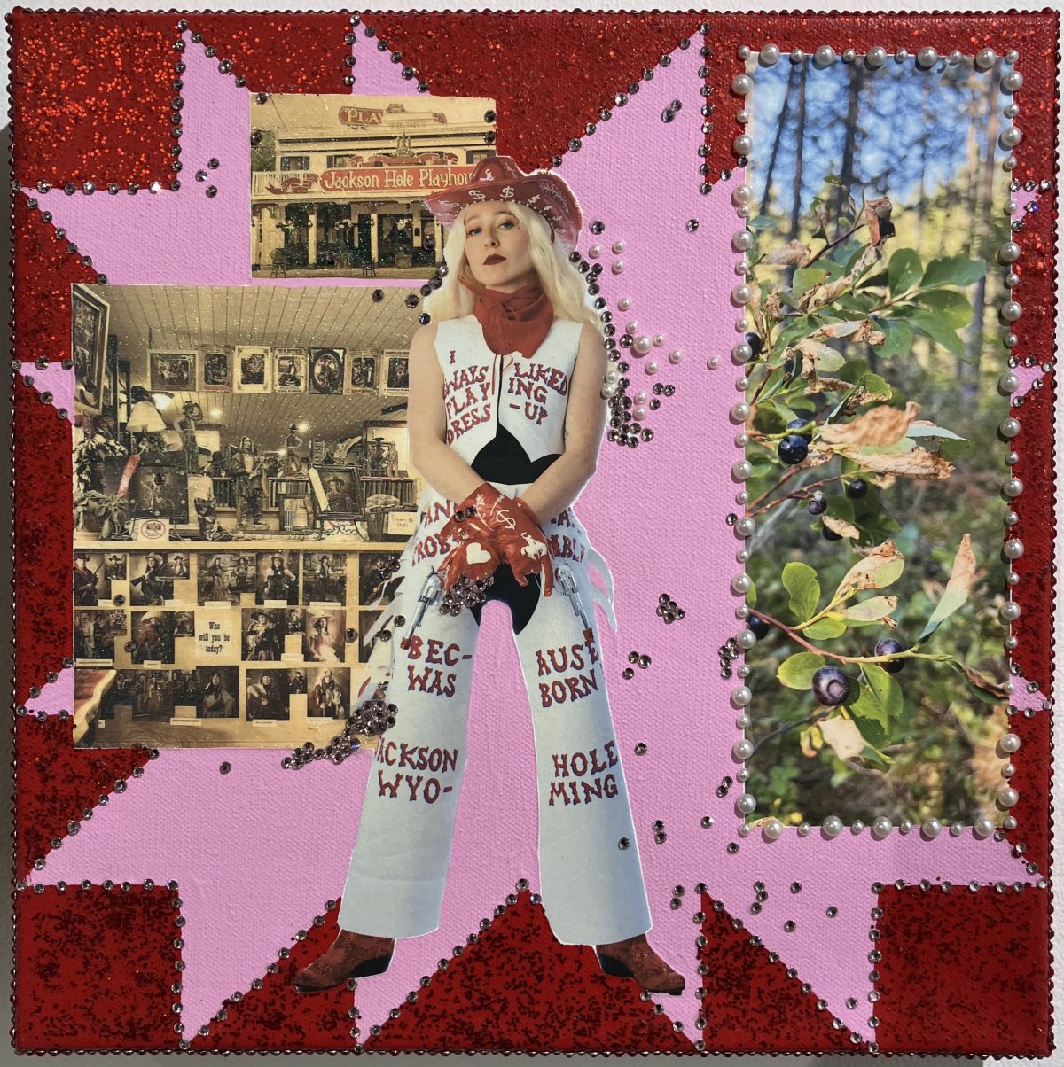 A collage featuring a cowgirl in white chaps, surrounded by vintage interiors, a photo of the Jackson Hole Playhouse, and a close-up of berries on a branch, all set against a pink and red starburst.