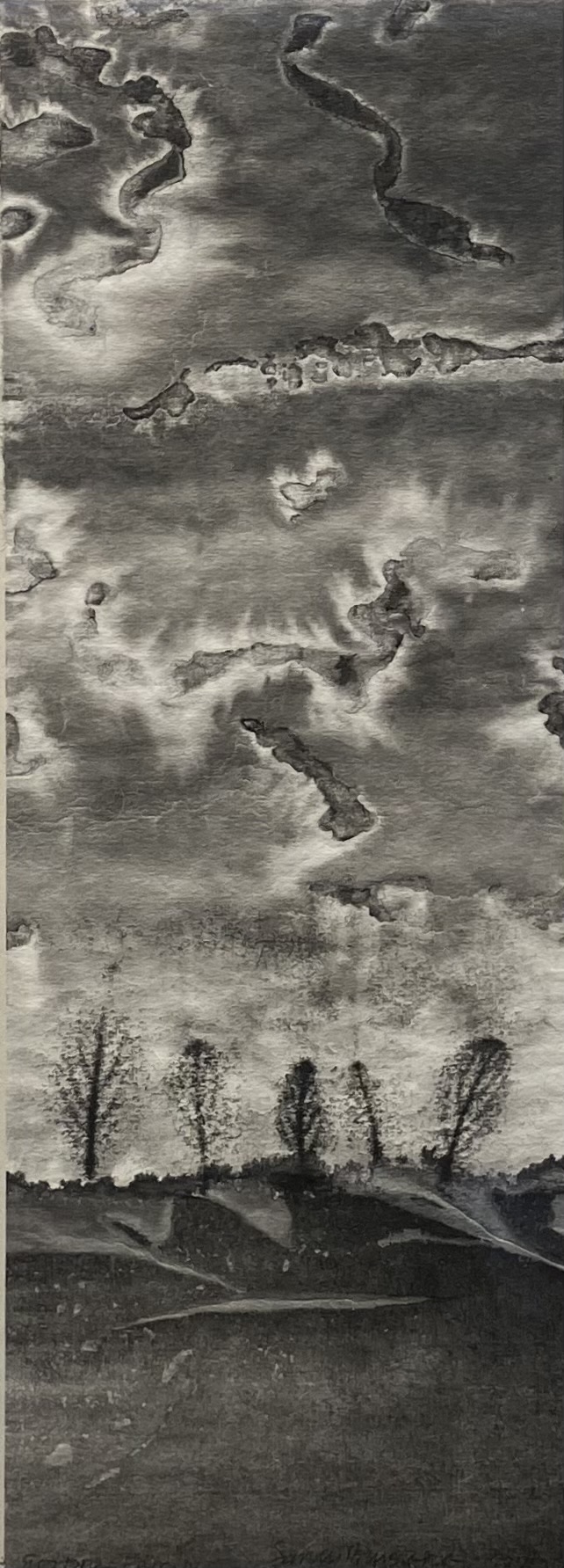A narrow vertical painting with delicate silhouetted trees lining the horizon beneath a dramatic, cloud-filled sky.