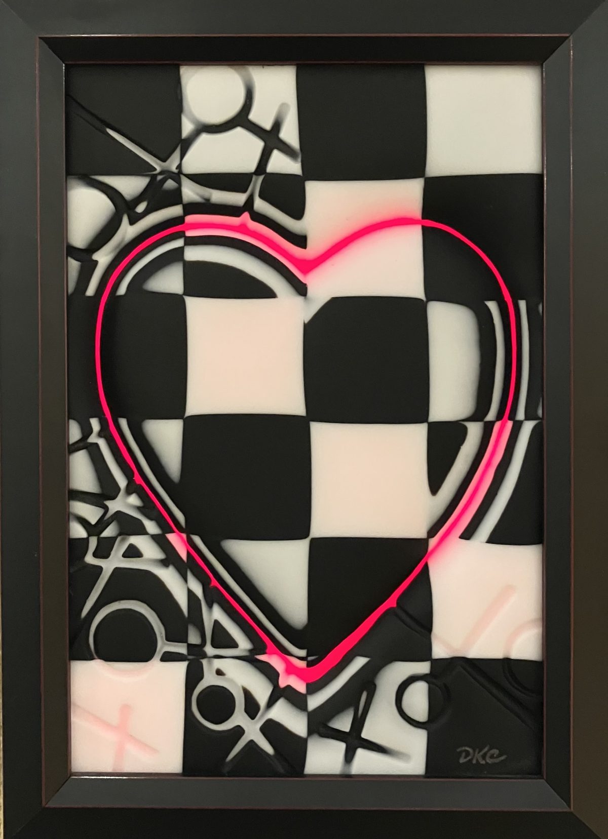 A checkered black-and-white glass panel features a hot pink neon heart at its center, surrounded by subtle X and O motifs.