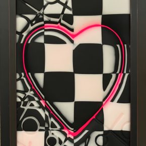 A checkered black-and-white glass panel features a hot pink neon heart at its center, surrounded by subtle X and O motifs.