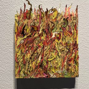 Vibrant collage of swirling red, yellow, and orange flames, with jagged edges that extend beyond the rectangular frame.