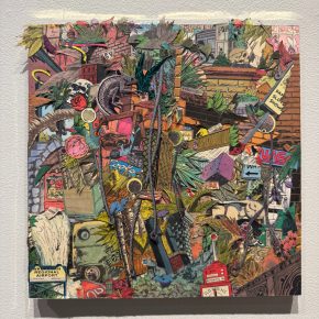 Dense collage of layered comic book illustrations featuring palm trees, brick walls, street signs, and everyday objects in a chaotic, colorful arrangement.