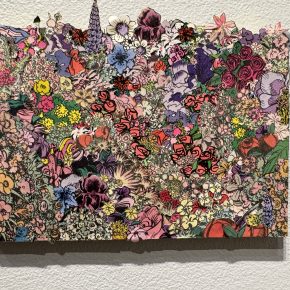 Collage composed entirely of overlapping, vibrantly colored illustrated flowers in varied species and textures.