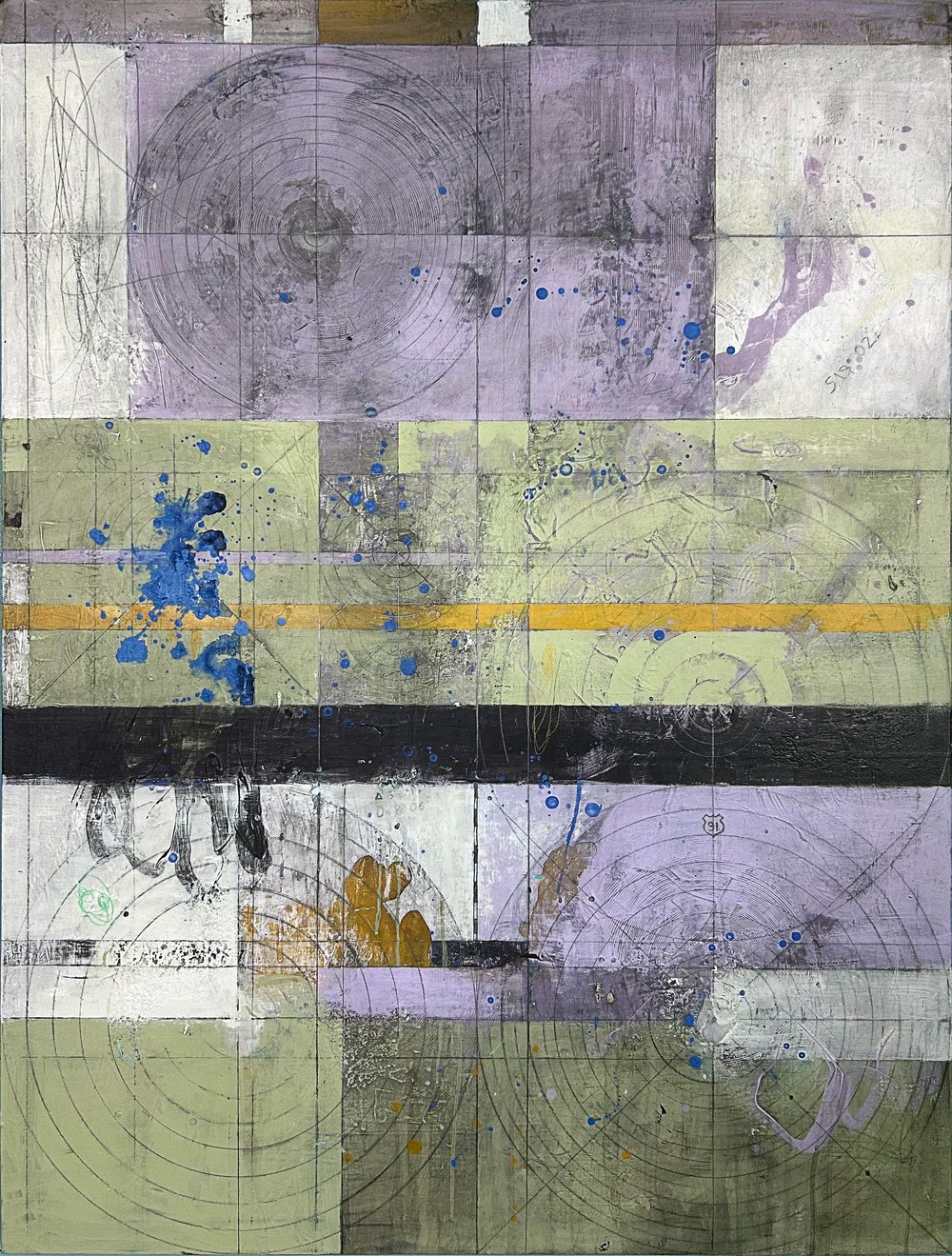 Abstract painting composed of intersecting grid lines and circular forms in muted violet, green, and ochre tones, with splashes of blue paint and layered surface textures suggesting both astronomical and agricultural mapping.