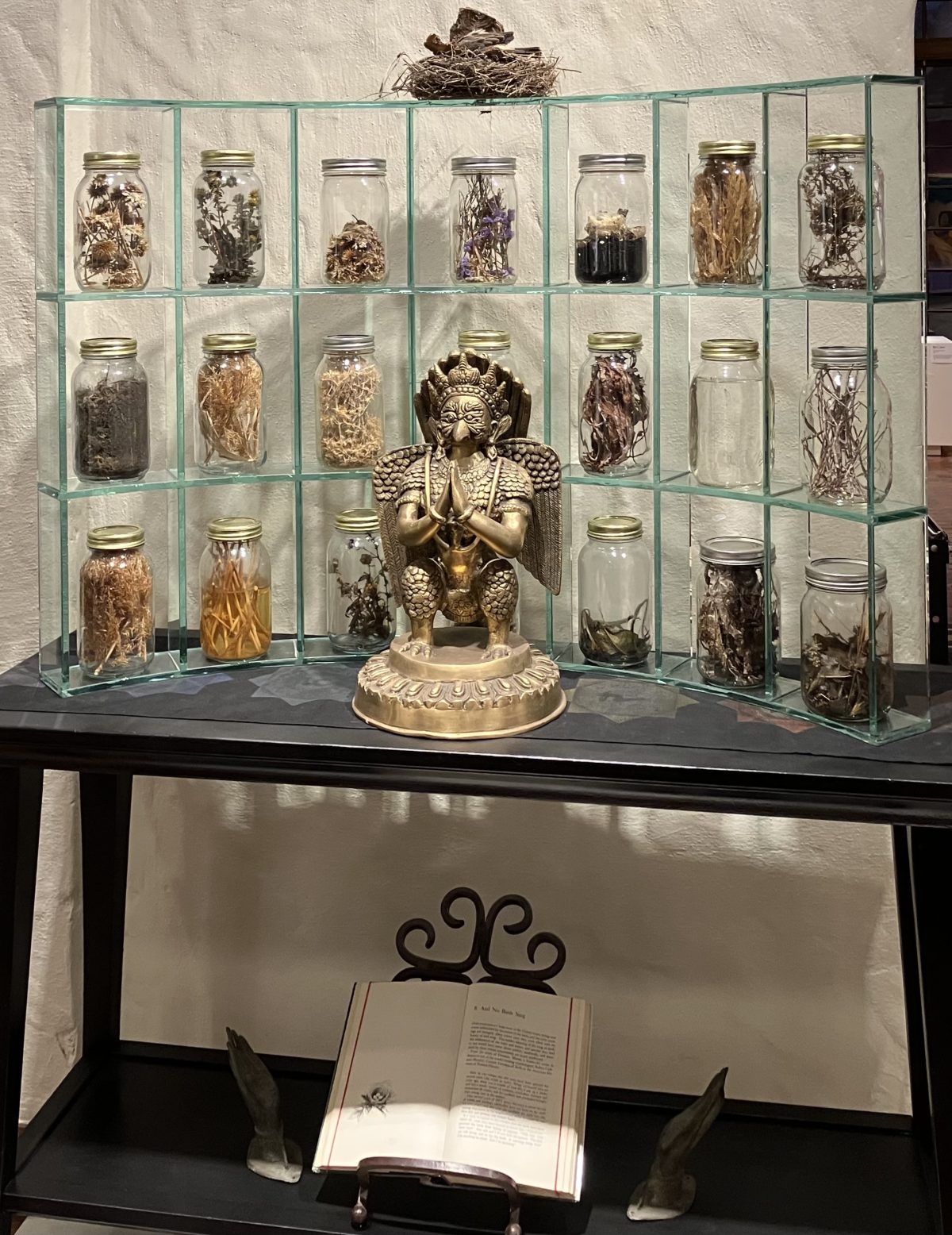 An installation featuring a brass deity figure with folded hands, centered among glass jars filled with dried plants, roots, and seeds. A bird’s nest rests atop the grid of jars, and an open book lies on a lower shelf, merging themes of ritual, ecology, and reverence.