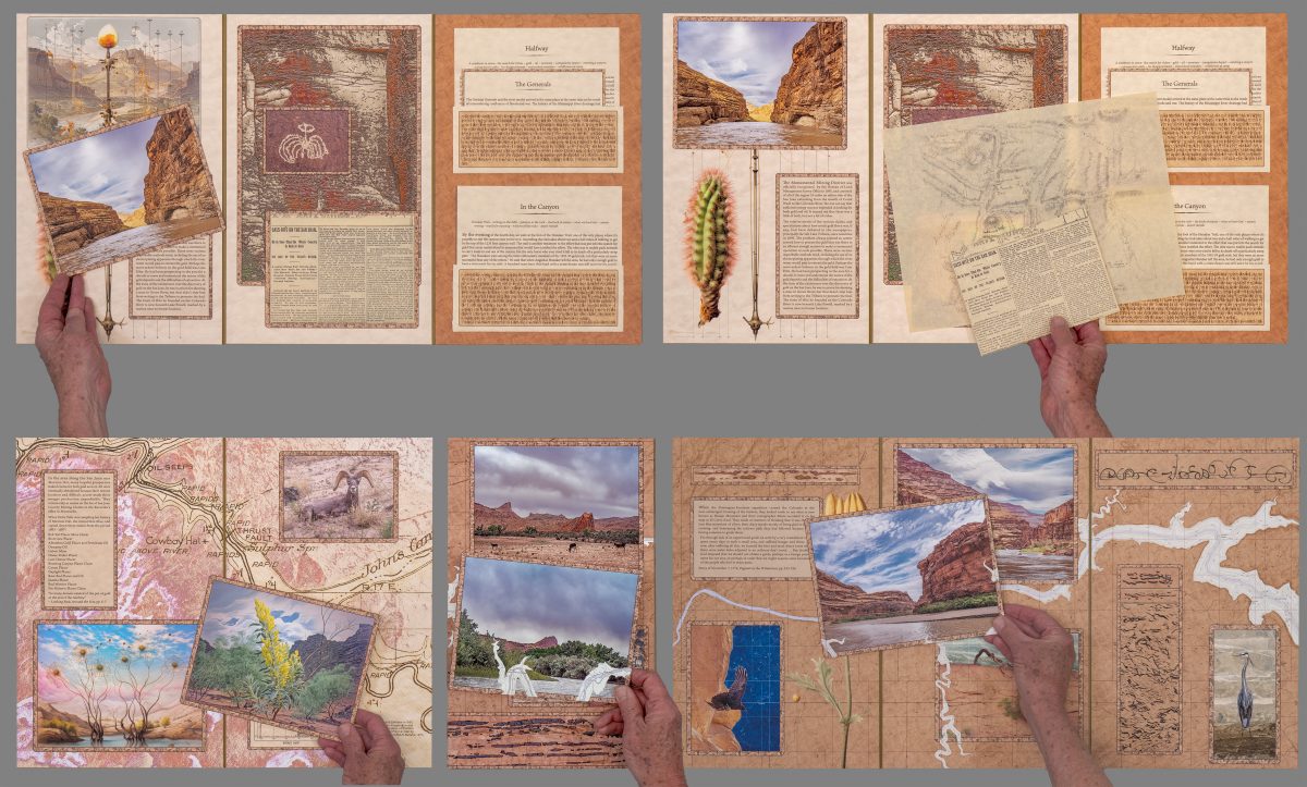 Interior spreads from Jim Frazer’s San Juan book displaying removable components such as illustrated cards and printed documents. A hand lifts various inserts to reveal layered text, landscape photographs, and drawn geological or botanical elements.