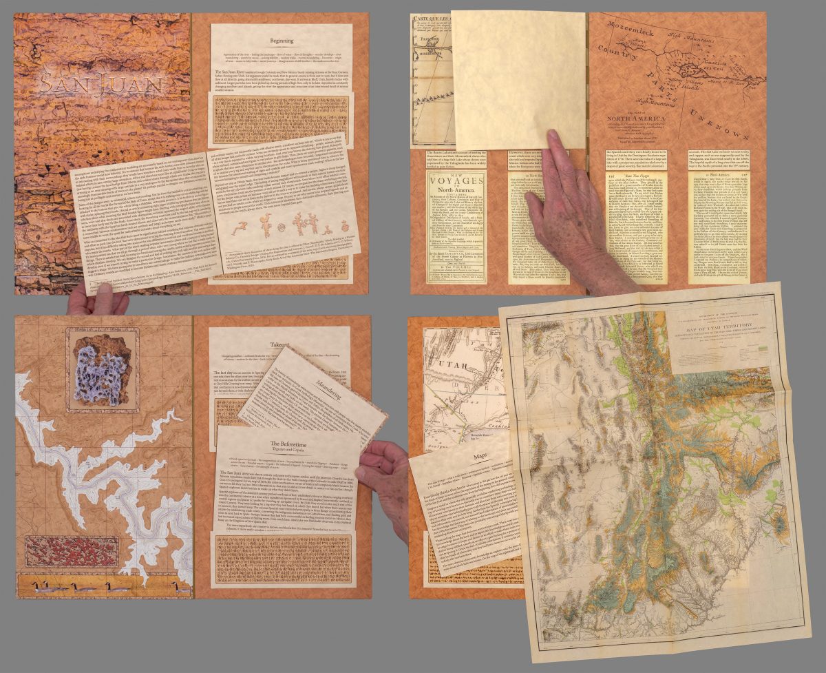 Multiple detailed spreads from the San Juan artist book by Jim Frazer, showing maps, historic clippings, fold-out pages, canyon and desert photographs, and illustrated flora and fauna. Hands interact with the pages to demonstrate movable and layered elements.