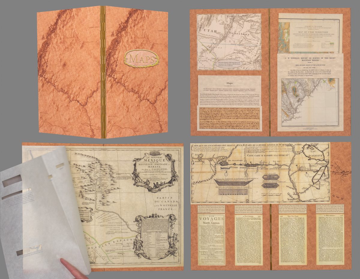 An artist book titled Maps by Jim Frazer shown open to several spreads. The pages include reproductions of historical maps, printed essays, and translucent overlays. The book’s cover resembles marbled, reddish-brown terrain with decorative hinges.