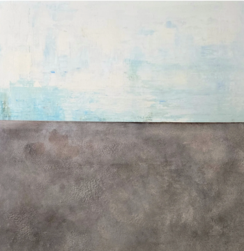 Minimalist landscape painting with a pale blue and white sky occupying the top half and a textured gray-brown ground filling the bottom half.