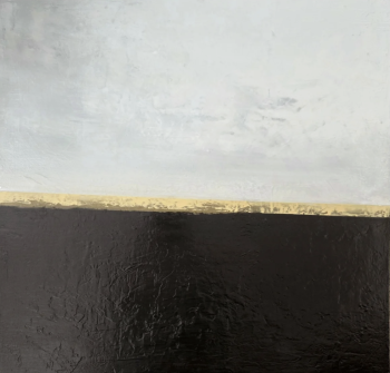 Abstract horizon painting with a bright white and gray sky, a thin gold band at the center, and a deep black textured foreground.